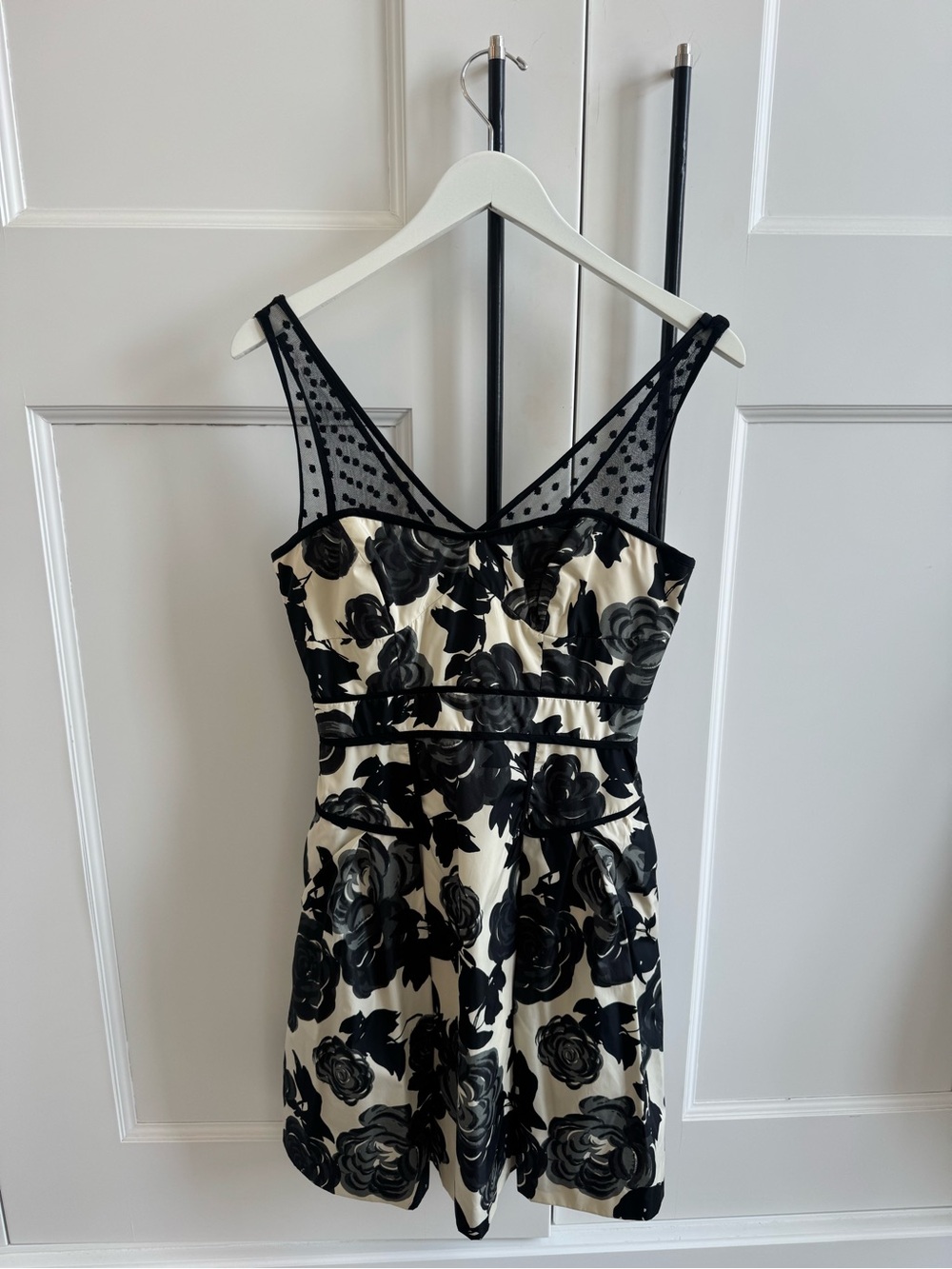 Black Floral Appliqué V-Neck Fit & Flare Dress in Cream